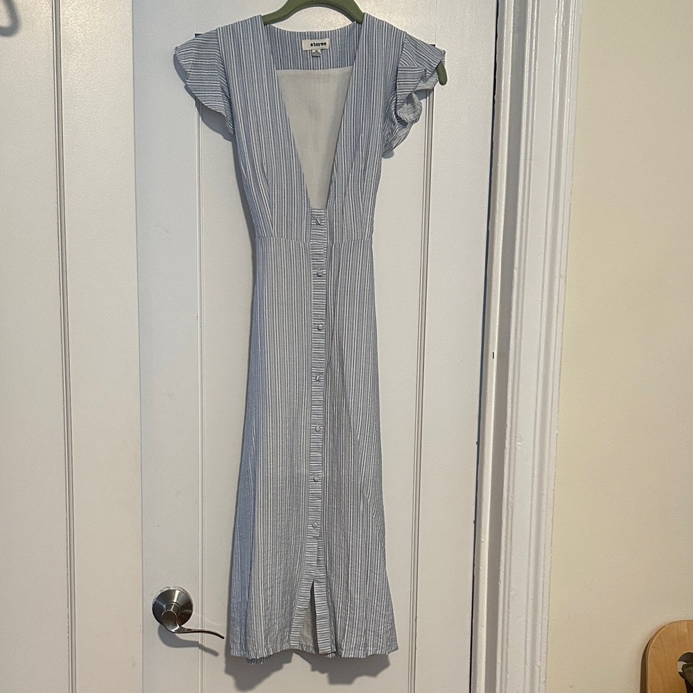 Striped Blue and White Button-Front Plunge Midi Dress